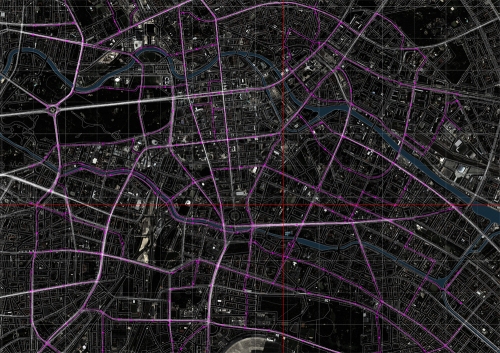 overlaid: bus routes. another method of fragmenting the city - however they are very similar to the spatial syntax.